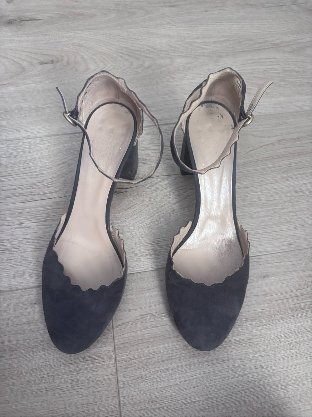 Chloé Lauren Navy Suede Scalloped D’Orsay Ankle Strap Pumps Heels Size 39